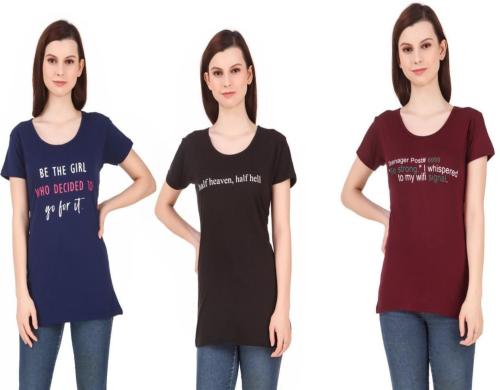 High Seas Women Multicolor Printed Cotton Blend Round Neck T-Shirts - XL (pack of 3)