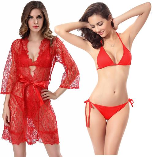 Iyaracollection Women Red Lace Satin, Lace Pack Of 2 Robe And Lingerie Set