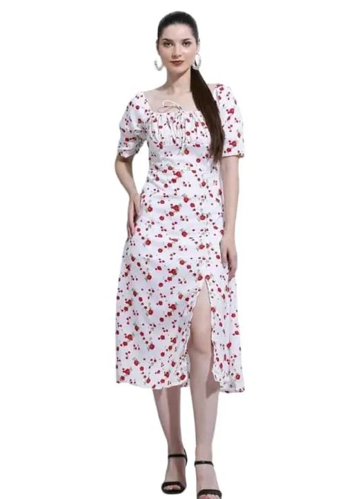 Shahveer Creation Vintage Elastic Square Neck Half Sleeve Smocked Waist Dress | A-Line Midi Dresses | Floral Dress | Split Maxi Dress | Summer Dress | Midi Dress | Beach Dress (White & Red -XL)
