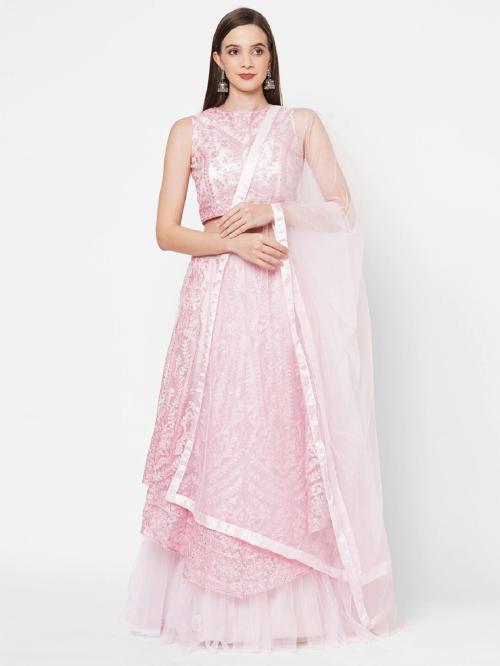 Bollyclues Women's Pink Embroidered Net Semi-Stitched Lehenga Choli