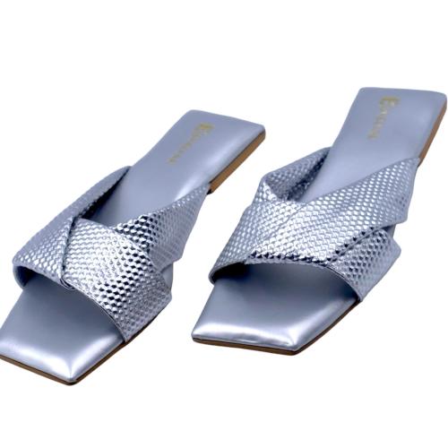 EVELYNE WOOVY Twisted Flat Sandals for women's |Comfortable & Stylish PU Leather Sandals | Trendy Summer Sandals for Casual, Fusion, Party, or Wedding (Silver _ Synthetic leather) Size-7