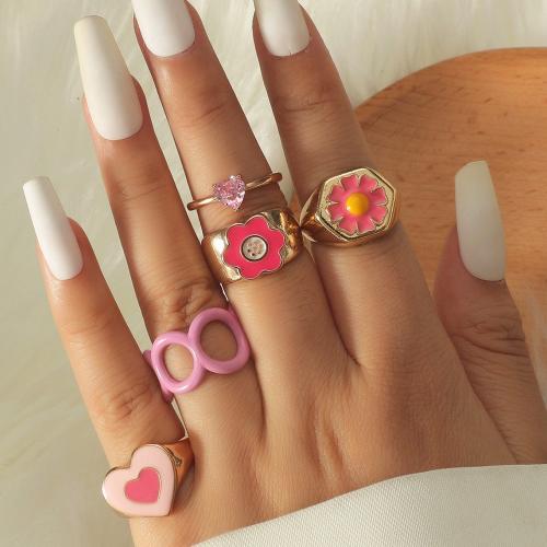 ARZONAI pink oil drop love flower ring ins wind sweet girl heart index finger ring Metal Ring Set