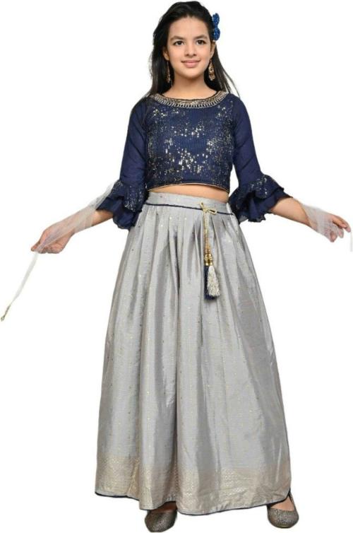 BEEJELLY Baby Girls Navy Blue and Silver Embellished Cotton Lycra Blend and Net Lehenga Choli and Dupatta Set(2-3 Y)