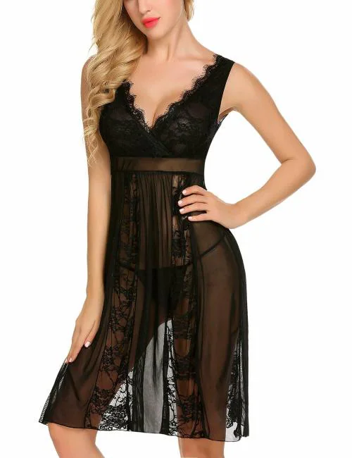 Xivir Bridal Lingerie Sexy Lingerie Babydoll Deep V Babydoll Garter and Stockings Sexy Lingerie Transparent Sleepwear Long Lace Mesh Porno Nightgown(Black)