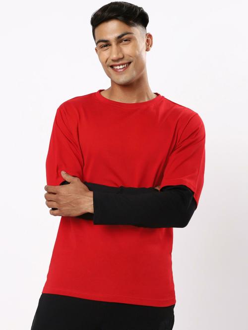 Bewakoof Men's Red & Black Round Neck Full-length Sleeve Oversized T-shirt