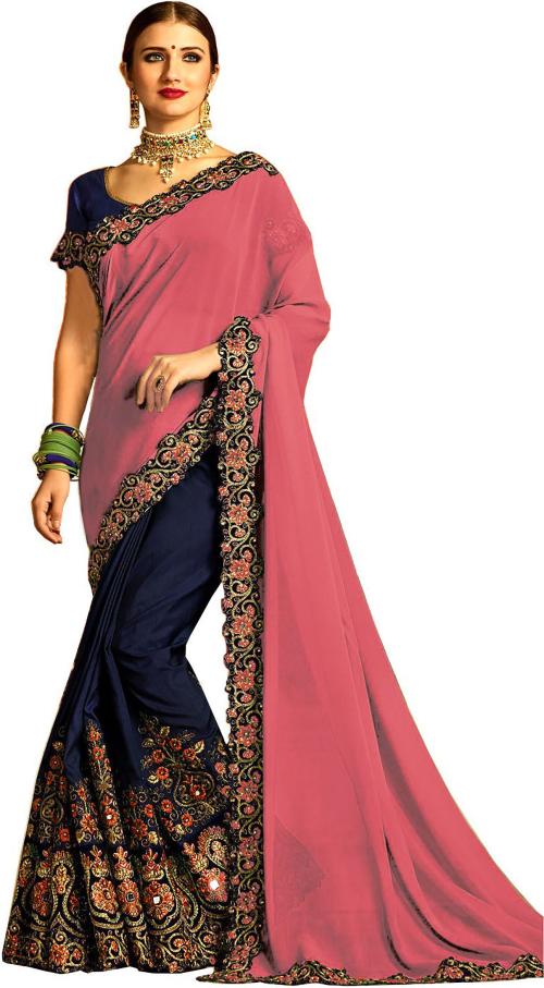 Vinayak Textiles Georgette Half Half Embroidered Saree - Baby Pink
