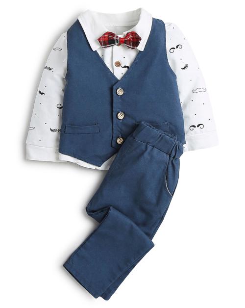Hopscotch Baby Boys Cotton All-Over Print Shirt, Waistcoat and Pant Set with Bow In Turquoise Colour For Ages 18-24 Months (SN-2392392)