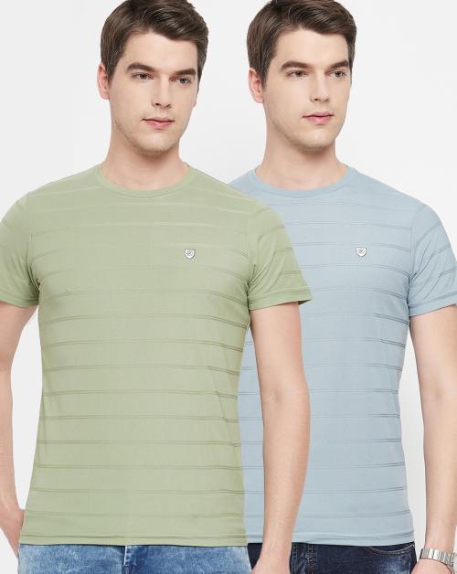 OGEN Men's Pack of 2 Cotton Blend Half Sleeves Striper Round Neck T-shirt