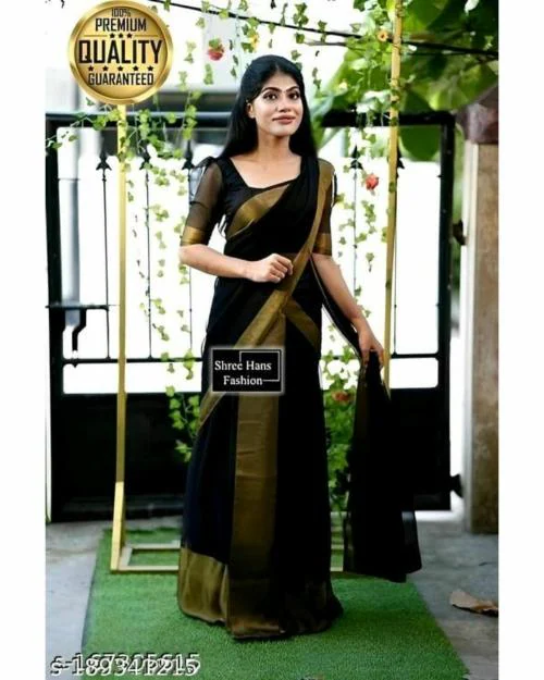 Vkaran women' s Black Chiffon Plain Saree With Blouse