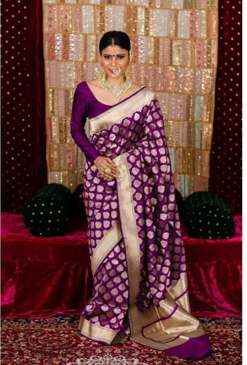 FACE DEAL Saree Women Purple Silk Blend Banarasi Saree