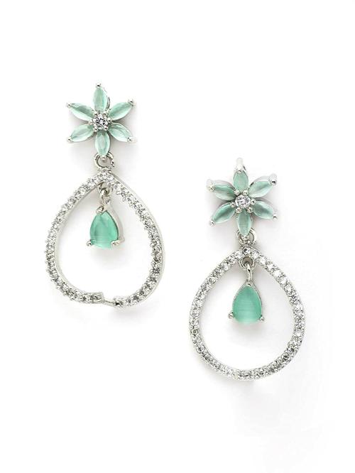 Karatcart Metal American Diamond Silver Tone Lime Green Drop Earrings For Women