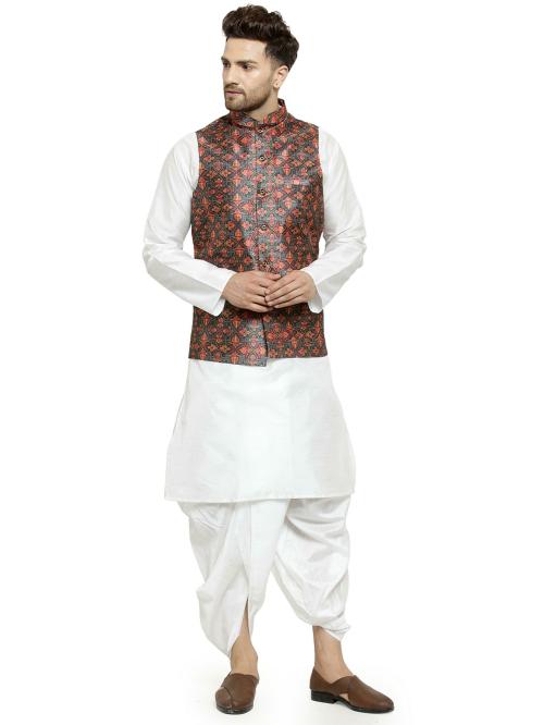 Benstoke Men's White Kurta With Dhoti & Dark Green Printed Nehru Jacket
