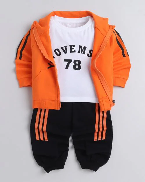 Hopscotch Boys Cotton Text Print Tee, Jacket and Jogger Set In Orange Colour For Ages 3-4 Years (YF0-3316195)