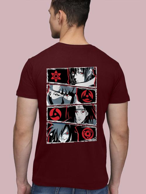 BLISSINK Naruto Anime Front And Back Printed Maroon Cotton Tshirt for Men
