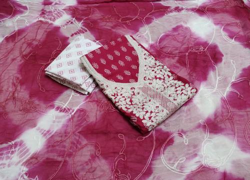 Ruby Creation Women's Cotton Block Print Unstitched Salwar Suit Material, 1.9 Mtr Dark Rani Rayon Top, 2.3 Mtr Cotton Salwar, Stylish Karachi Chinon Printed Dupatta (Design YAHOO, Free Size)