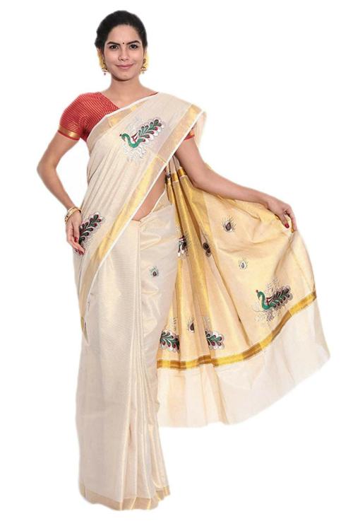 Fashionkiosks Women Gold And Silver Peacock Embroidery Saree With Running Blouse Piece