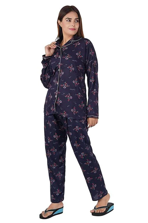 SDGP Women's Cotton Rayon Printed Night Suit Set of Shirt & Pyjama for Women & Girls Blue