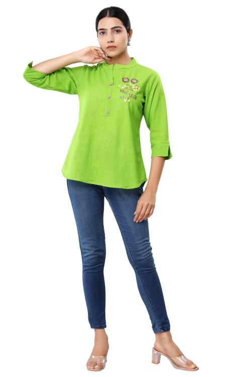 VIHAAN IMPEX Cotton Embroidered Parrot Green Short Top