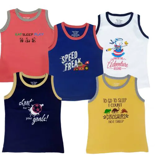 Totztouch Boys And Girls Tee Shirt Sleeveless With Chest Print Multicolor Age 6 to 12 months T Shirt