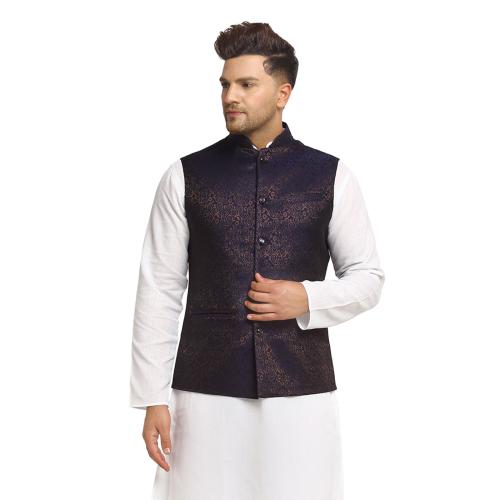 YOD Designer Brocade Sleeveless Navy Blue Nehru Jacket/Waistcoat For Men Ethnic Wear