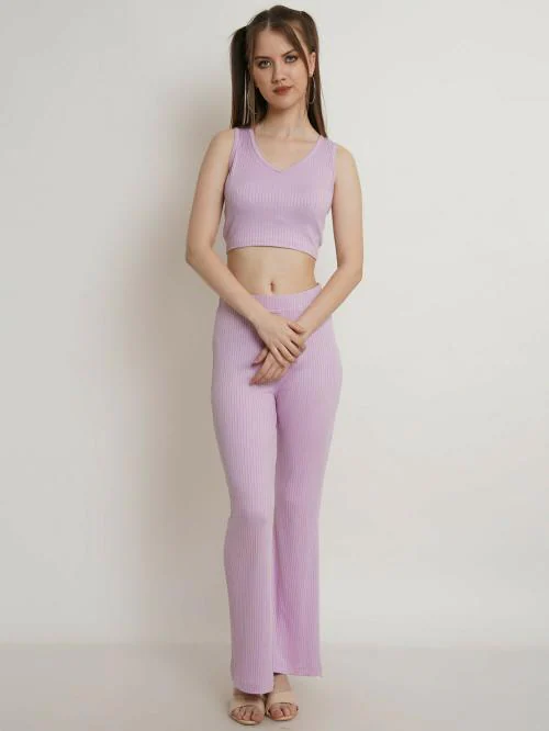 Popwings Women Casual Lavender Crop Top With Trouser Co-Ords Set | Top and Bottom Set For Women