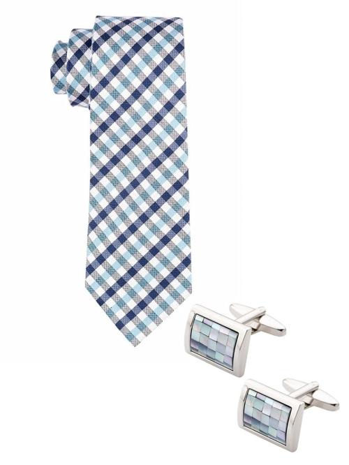 The Tie Hub Blue Silk , Microfiber and Brass Necktie and Cufflink