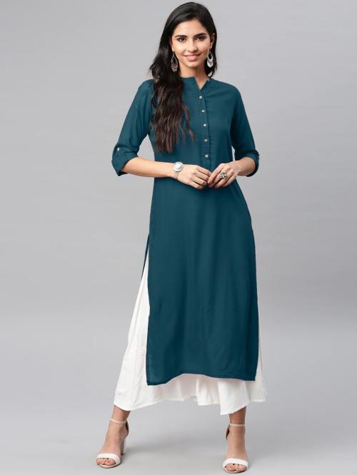 WOMEN VILLAGE Women Dark Rama Solid Viscose Rayon Straight Kurta - L