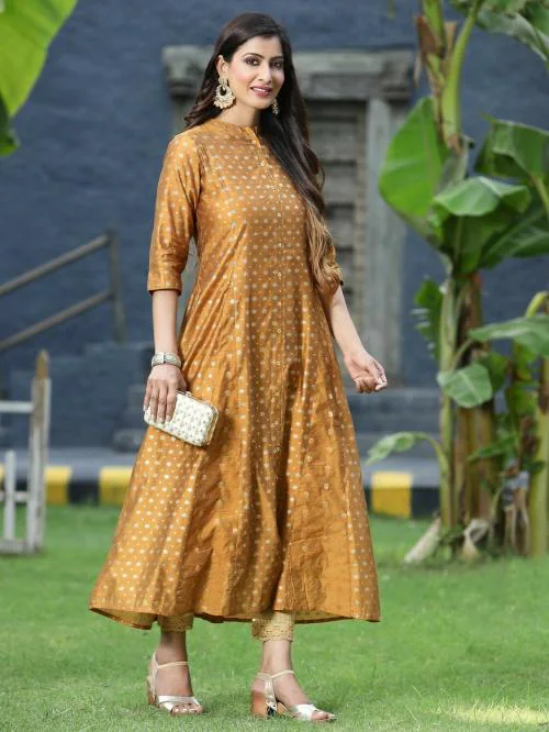 Juniper Women Mustard Chanderi Printed Kalidar Kurta.