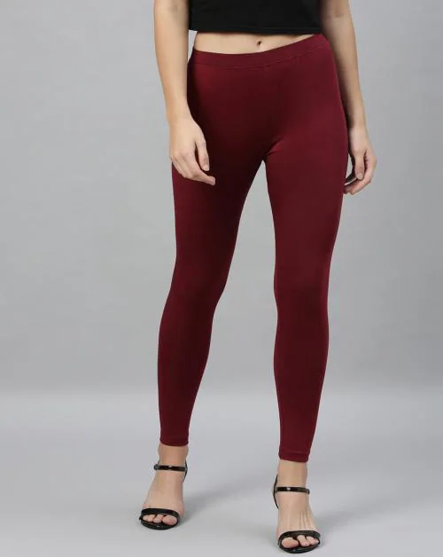 Kryptic Womens Maroon Solid Cotton Lycra Leggings