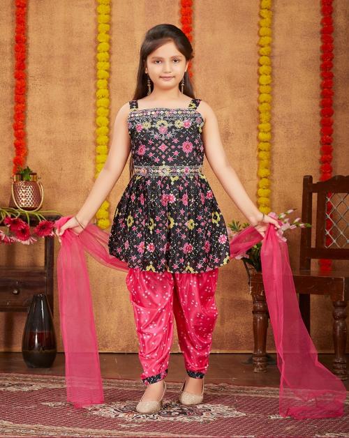 Muhuratam Girls Ethnic Wear Black Colour Printed Mirrow Work Silk Kurti Patiala Set