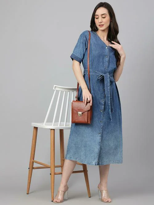 Buy Janasya Women's Blue Denim Solid Straight Western Dress Online at