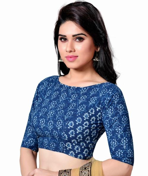 STUDIO SHRINGAAR LATEST PURE COTTON BLUE JAIPURI BLOCK PRINTED WOMENS SAREE BLOUSE WITH BOAT NECK AND ELBOW LENGTH SLEEVES (42)