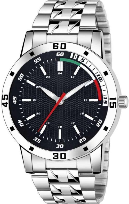 KU Analog Black Dial Silver Strap Watch For Men
