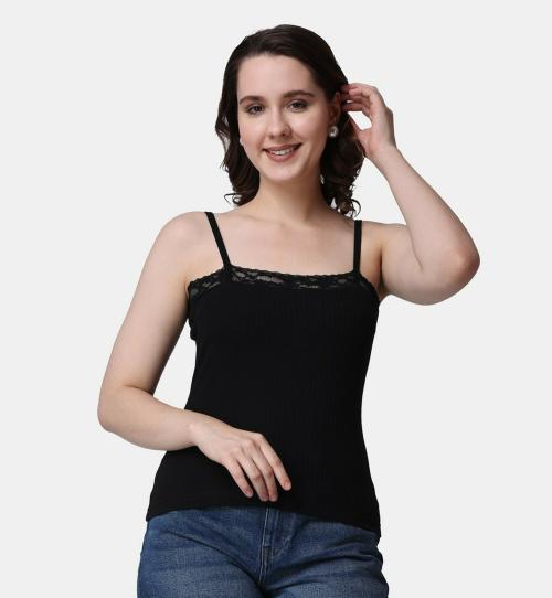 Popwings Women Casual Black Rib Solid Sleeve Self Design Noodle Strap Top | Women Tops | Women Latest Tops | Women Stylish Tops