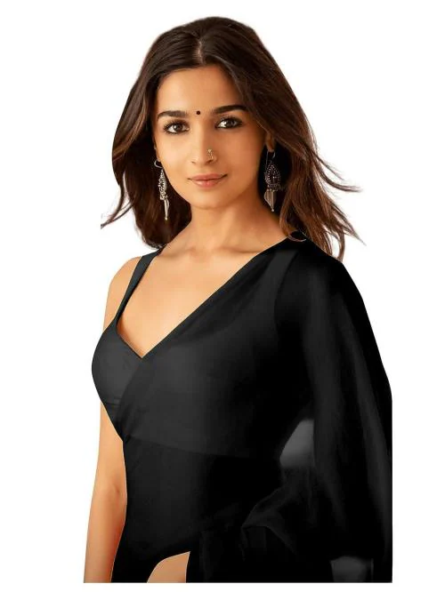 Sidhidata Women's Plain Pure Georgette Saree With Unstitched Blouse Piece (Rocky Aur Rani Ki Prem Kahani Alia Bhatt Saree) Black