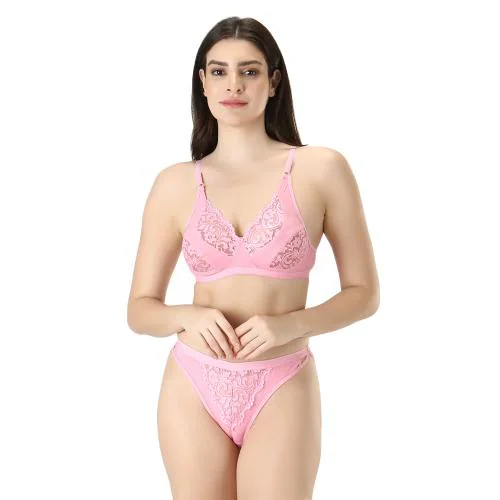 Bra & Panty Set Self Design Pink Lingerie Set