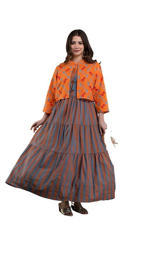 Clickedia Women's Fully Stitched Printed Cotton with Tassels work Jaipuri Ethnic Jacket and Kurta Set