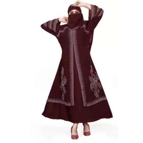 BHUMIFAB Burqa for girls and women with stone work Nida Matte Burqa With Hijab (Maroon)