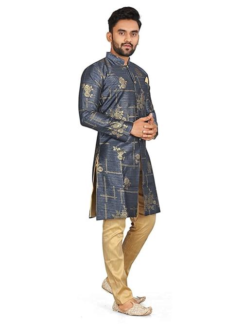 Amzira Men Nvy Blue and Gold Silk Blend Wedding Dresss or Sherwani Set - 2XL