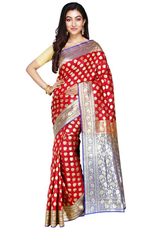 CRAFTONI Fancy New Design Banarasi Pure Silk Zari Look Saree With Blouse Piece For Woman (Red)