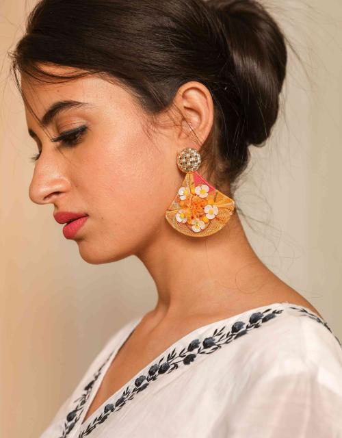 Indian Petals Artificial Floral Design on Net Stylish Fancy Fashion Dangler Earrings for Girls, Orange