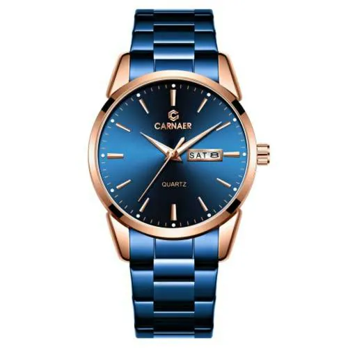 CARNAER Men's Business Dress Watch Analog Quartz Rose Gold Watch for Men Blue Stainless Steel, Luminous Easy to Read Day-Date Wrist Watch with Blue Dial