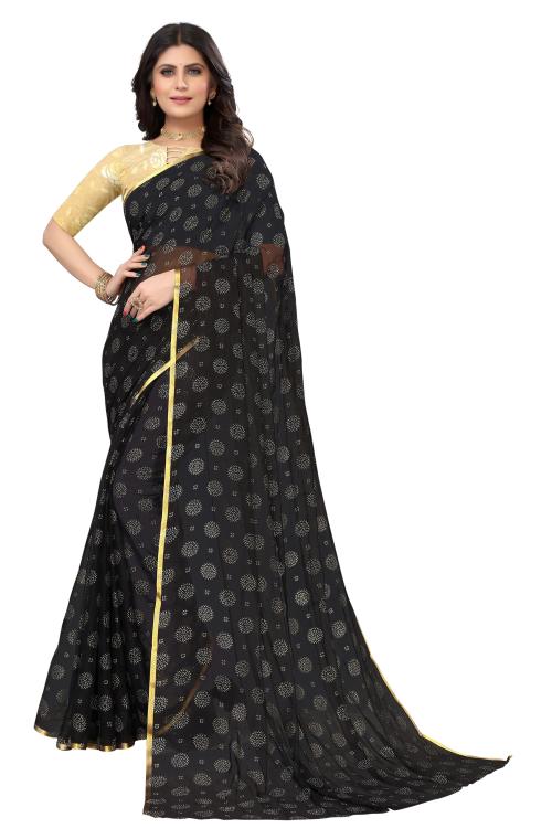 Mohvogue Womens Chiffon Saree Black Colored Foil Pigment Print with Blouse Piece