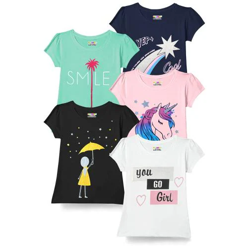 KUCHIPOO Regular Fit Girls T-Shirt Pack of 5,Multicolor | Tshirt | Kids Wear | T shirt for kids | Girls t tshirts | T shirt for Girls | T shirt | Girl T-shirt | T-shirt Girls