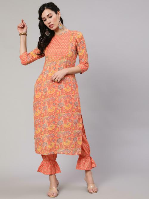 Peach & Yellow Floral Printed Straight Kurta With Balloon Pant Set