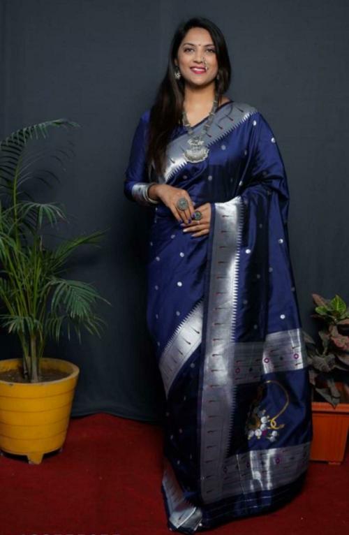 WELCRON CREATION Women's Paithani Kanjivaram Pure Silk Handloom Saree Pure Silver Zari With Blouse Piece-NAVY BLUE