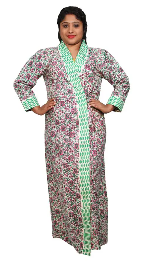 Garniture Hand Block Printed Women Robe or house Coat (green)