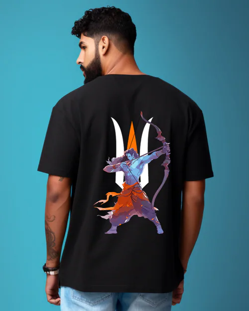 Prabhubhakti Men's Oversized Shree Ram Ji with Tilak Printed Black T-Shirt | Back Print Drop Shoulder Pure Cotton Oversized Tshirt for Men-L