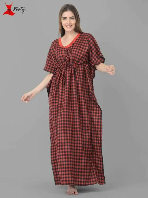 Noty Women's- Kaftan/Nighty/Maxi/Gown- Cotton Fabric- Checks-Short Sleeves, U-Neck with Zip & Embroidery and belt (Red-Black, Free Size)
