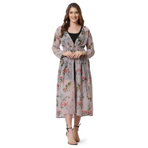 BuyNewTrend Peach Georgette Floral Print Women Long Shrug